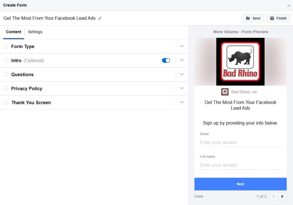 Facebook Lead Ad Form Creation